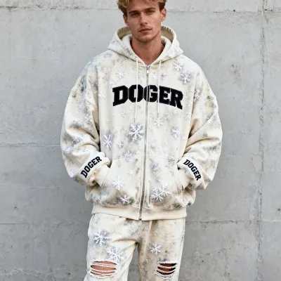 OEM Customised Midweight Printed Raw Hem Cut Baggy Stacked Oversize Zip Streetwear Manufacturer Full Length Eco-Friendly