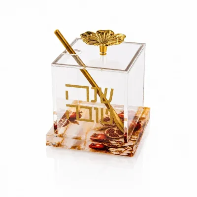 Square Acrylic Honey Jar with Pomegranate Printed Base | Rosh Hashanah Lucite Shanah Tovah Honey Container