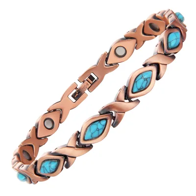 Turquoise Gemstone Relief 99.99% Pure Red Copper Magnetic Geometric Classic Chain Link Adjustable Bracelet