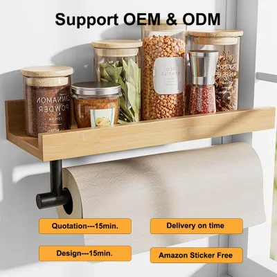 Wall Mounted Bamboo Tissue Paper Spice Rack Multi-functional Kitchen Storage Shelf with Paper Towel Holder for Pantry & Cabinet
