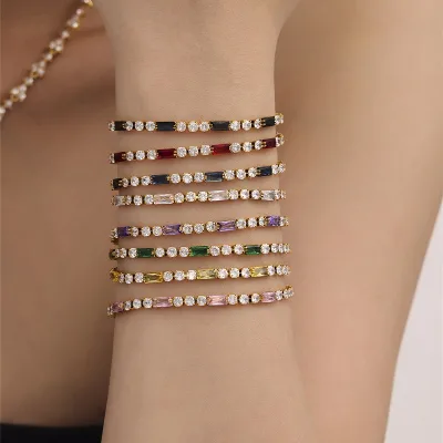 Fashion Light Luxury 18K Gold Plated Stainless Steel Square Multi-color Zircon Bracelet Stacking Wearing Feamles Jewelry