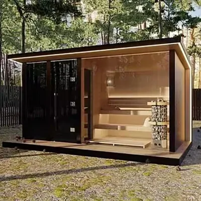 4-Person Stylish and Durable Outdoor Capsule Sauna Room with Panoramic Glass Doors Traditional Design 6kw Stove Heating