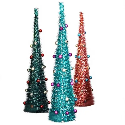 150cm Tinsel Christmas Tree, Metallic Cone Decorated with Ornaments, Teal Aqua Rose Bottle Brush Style for Home Holiday