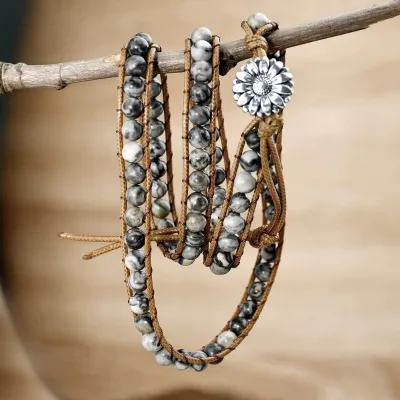Support Custom Unique Natural Stone Tree of Life Leather Multi-layer Colorful Weave Round Beaded Wraps Bracelet for Men and Wome