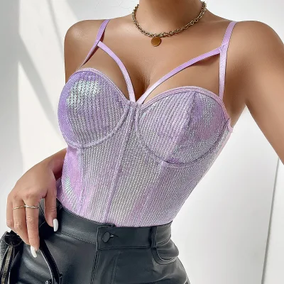 Sexy Sequin Purple Halter Bodysuits For Women Summer Body Shaper Jumpsuits Thongs Nightclub Slim Shapewear Fashion Onesie
