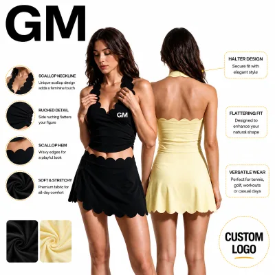 GM New Wholesale Custom Logo Scallop Wrap Halter Top High Waist Tennis Skirt Golf Fitness 2 Piece Workout Set for Women