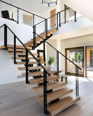 Prima Interior Straight Staircase Customized Steel Beam Hardwood Steps Metal Baluster Straight Stairs for House