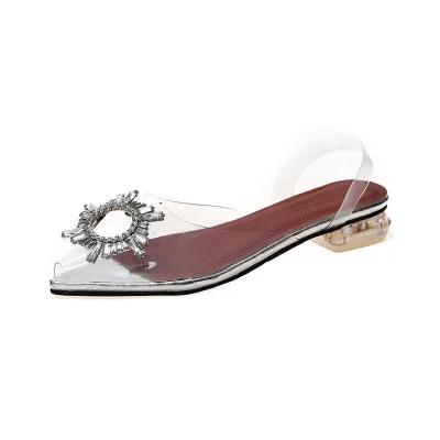 Luxury Plus Size 41 42 43 Bridal Shoes Transparent PVC Crystal Flat High Heel Pointed Toe Hard-Wearing Leather Insole Summer