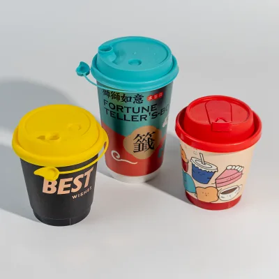 Eco-Friendly Biodegradable 8oz 10oz 12oz Customizable Logo Disposable Double Wall Coffee Paper Cups Lid Holder Food Grade
