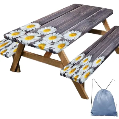 Haushead Modern Polyester Waterproof Picnic Table Cover Bench Covers Chamomile Flower Pattern 72 Inch 3PCS Set Outdoor Camping