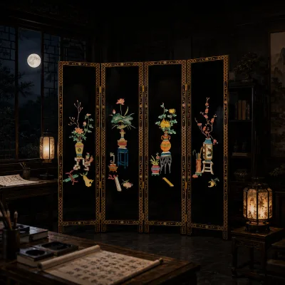 HUAZE Antique Style Black Lacquer Screen MF-P3108B Handmade Shell Carving Screen