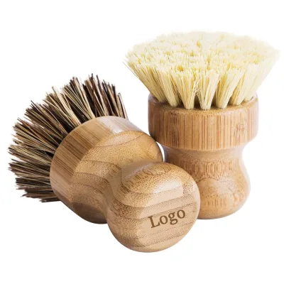 Natural Kitchen Dish Pot Washing Brush Beech Wood and Bamboo Round Sisal Bristle Pot Brush Dish Cleaning Brush