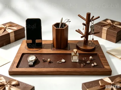Wooden Desk Organizer Plate With Pen Holder Key Tray and Phone Stand Office Home Study Table Decor