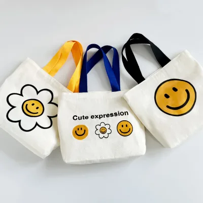 Storage Bag Cute Smiling Flower Pattern Canvas Bag for Summer Outings, Handbag for Students,women's Tote Bag