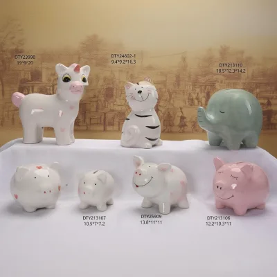 Wholesale Cute Ceramic Animal Piggy Bank Creative Cartoon Cat Panda Dinosaur Coin Canvas Bank Desktop Decor Ornaments