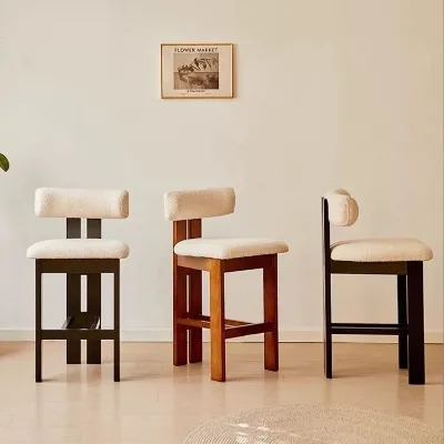 Medieval Cream-Style Home High-Back Chair Upholstered Backrest Vintage Solid Wood Bar Stool Designer Lambswool Dining Antique