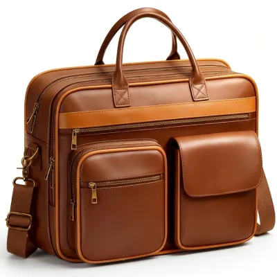 Genuine Leather Men's Messenger Bag Padded Laptop Compartment Large Satchel for Work Office Business Travel-Brown
