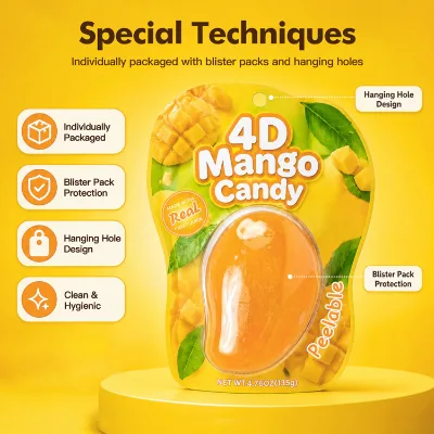 Wholesale 4D Mango Peelable Gummies Bulk 135g Box 40% Mango Fruit Juice 1:1 Realistic Look Cube Shape