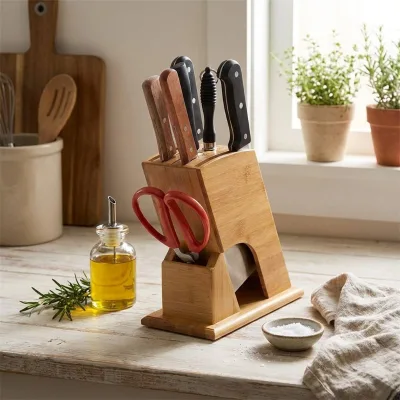 Universal Bamboo Knife Block with Scissor Slot Angled Multi-Slot Wooden Knife Organizer Kitchen Tool Organizer for Knife Sets