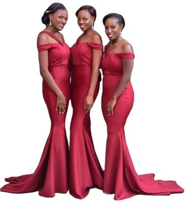 DB012  African Sheath Design Bridesmaid Dresses Burgundy Satin Mermaid Spaghetti Strap Floor Length Long Wedding Guest Dress