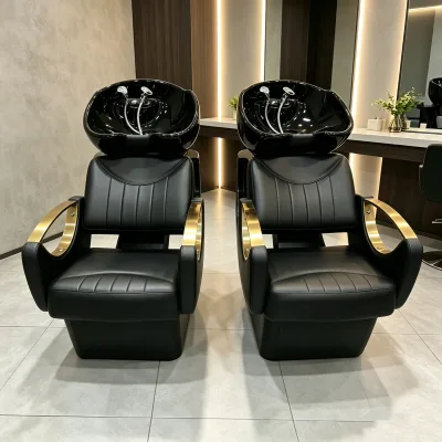 Black Gold Shampoo Chair Modern High Quality PU Leather Ceramic Basin Reclining Hair Washing Station for Salon Barber Workshop