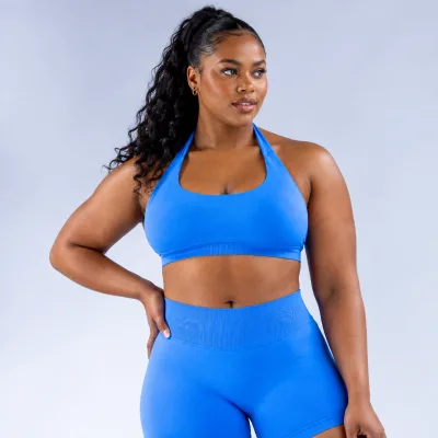 Women High Elastic Ultrafine Matte Nylon Halter Neck Beautiful Back Large Open Back Seamless High Support Yoga Sports Bra for Ad