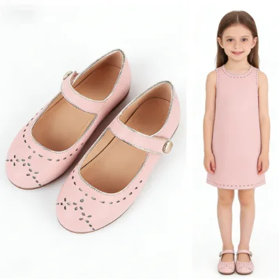 Girls Plaid Leather Mary Jane Shoes with Buckle Strap Anti-Slip Flat for Party-Four Seasons