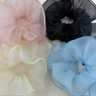 Women Simple Design Large Ruffle Hair Band Plain Color Elastic Four Layer Mesh Hair Scrunchies