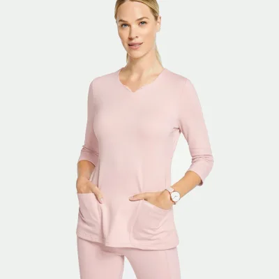 Slim-fitting Top Features a Notched Crewneck, 3/4 Sleeves Medical Scrub Beauty Salon Uniform Hospital Uniform pink