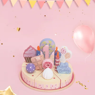 Children Wooden Birthday Cake Cutting Set Toy Pretend House Role Play Toy for Toddlers Stacking Puzzle Blocks Decoration Cake
