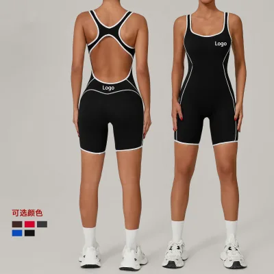 Wholesale Contrast Color Women's Bodycon Jumpsuit With Chest Pad Hollow Back Butt Lifting Tight Women Sports Bodysuits Jumpsuits