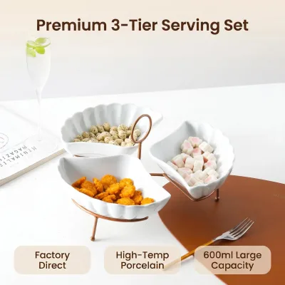 3 Piece 9 Inch Petal Triangle Bowl Set with Rose Gold Iron Stand for Afternoon Tea Serving Factory Direct