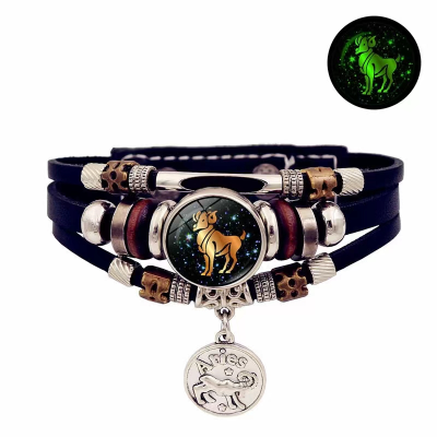 Glowing in the Dark 12 Bracelets Zodiac Signs Bracelets, Multi-layer Leather Zodiac Signs Bracelets