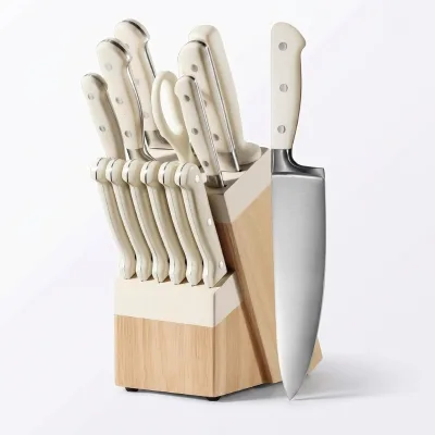 14 Pieces Knife Set with Block, Forged, Stainless Steel Sharp Blade Block Knife Set, Dishwasher Safe Cutlery, Cream