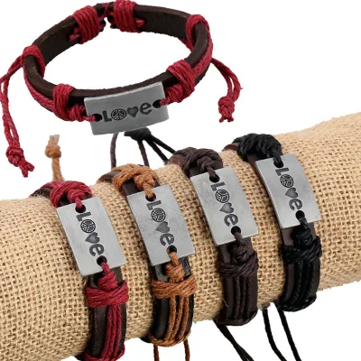 New Coming Lover Dog Tags Charm Wax Cord Wristband Cowhide Hemp Rope Bangle Retro Leather Velvet Wrap Bracelet