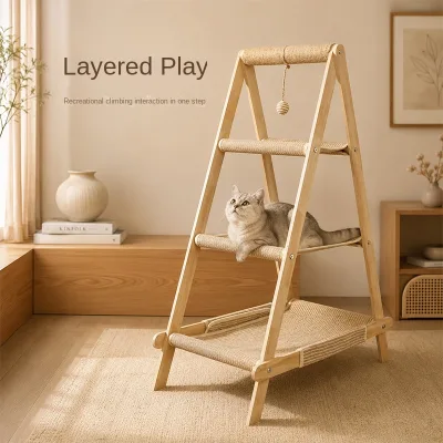 Solid Wood Three-Tier Multi-Layer Cat Tree with Hanging Hammock Cat Bed Scratching Post Ladder Cute Style Pet Toy for Export