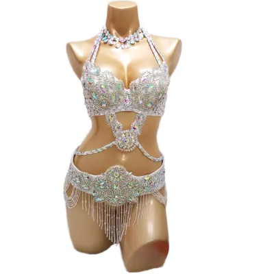 Carnival Samba Sparkly Bikini Belly Dance Costume 3pc Set with Belt Necklace for Women Stage Performance