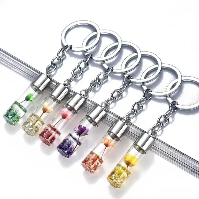 Wholesale Real Dry Flower Glass Keychain Mini Stainless Steel Wishing Bottle Charms for DIY Crafts Valentine's Day Birthday Gift