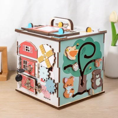 2023 New Montessori Educational Wooden Activity Cube Busy Sensory Life Skill Abilities Box Toys for Toddler