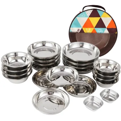 22-Pieces Portable Dinnerware Set Bowls & Plates Stainless Steel Plate Set for Outdoor Camping Picnic BBQ