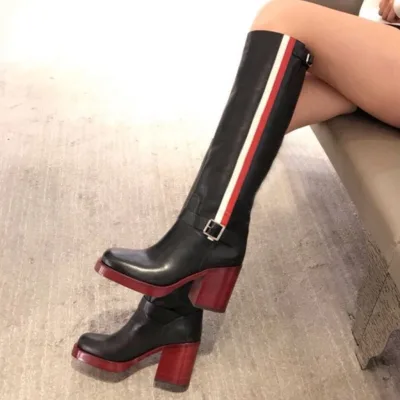 Fashion White Red Stripes Genuine Leather Boots Knee High Western Boots Square Heel Women Winter Shoes 43