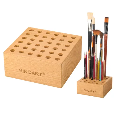 SINOART 36 Holes Beech Wood Paint Brush Storage Organizer Paint Brush Holder Display Stand Wooden Brush Stand