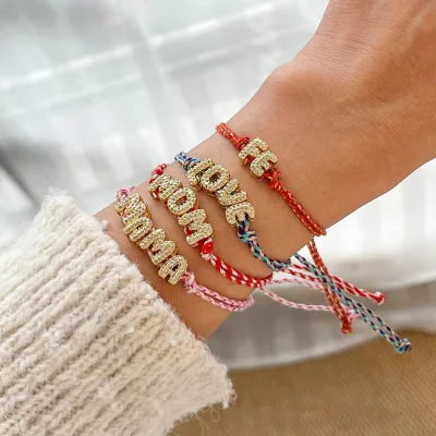 Fashion Minimalist Copper Zircon Letter MAMA Woven Bracelet Handmade String Cord Jewelry Gift for Women