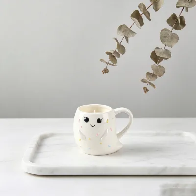 White Ghost Shape Ceramic Candle Holder with Colorful Sprinkles Halloween Scented Candle for Tabletop