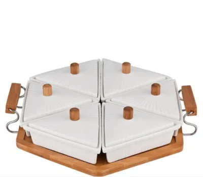 Fashion wholesale snack sauce porcelain serving dishes sets custom ceramic dish set with wooden base OEM