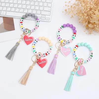 Fashion Silicone Beaded Wristlet Keychain Colorful Alphabet Letter Bracelet Key Ring With Heart PVC Charm and Tassel Decorative