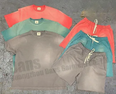 Custom Heavy Cotton Blank Sun Faded Distressed Vintage T Shirt Sets Gym Jogger Acid Wash T-shirts and Sweat Shorts Set for Men