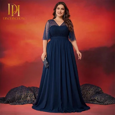 Elegant and Fashionable Women's Evening Dress Lace Beaded Patchwork Chiffon Satin V-neck Large A-line Short-sleeved