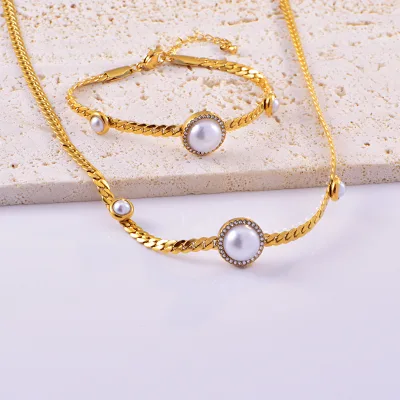 Stylish Stainless Steel Pearl Chain Bangle Necklace Set Fashionable Collier Et Bracelet for Party Gift Jewelry