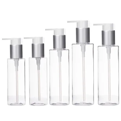 100ml 150ml 200ml Empty White/transparent Plastic Bottle Long Mouth Silver Press Lotion Pump Cosmetic Shower Gel PET Bottle